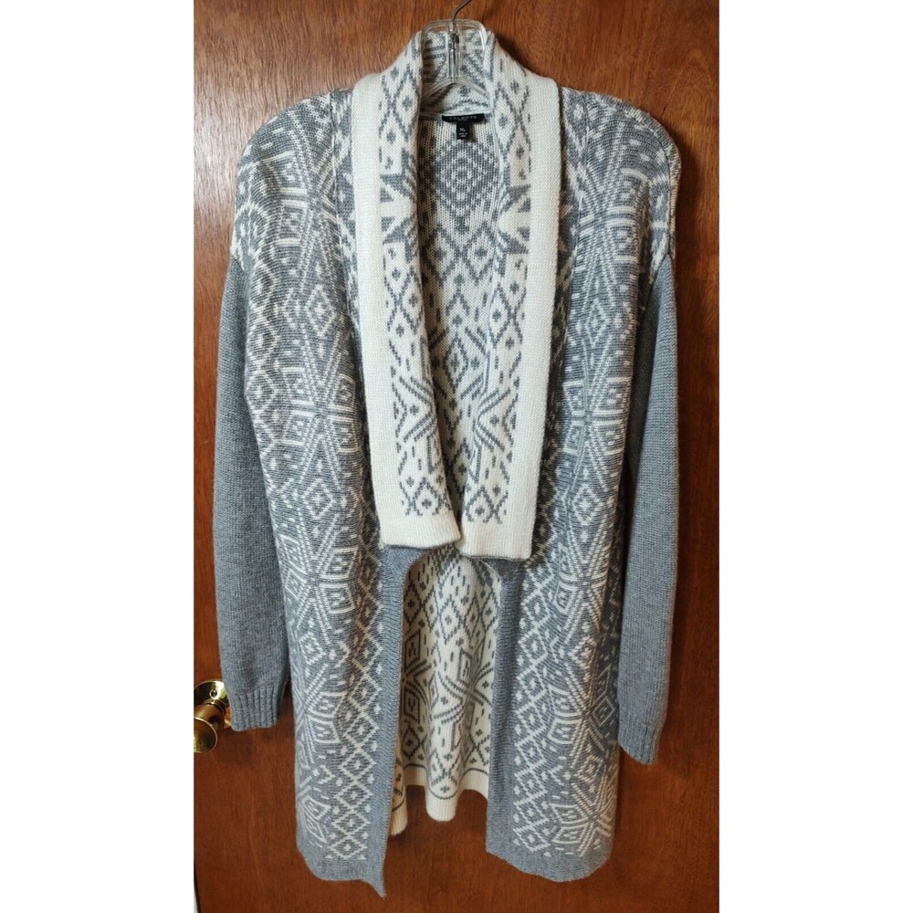 Talbots Petites sz MP gray Fair Isle open cardigan sweater wool cashmere blend